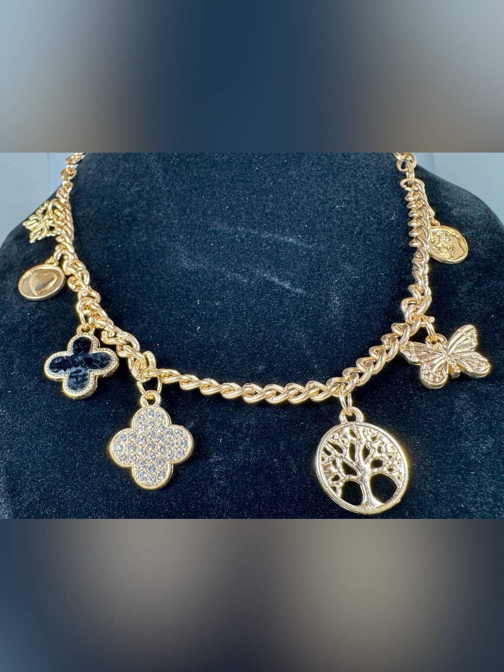 Gold-Tone Charm Necklace with Pave Clover & Nature Pendants #1738